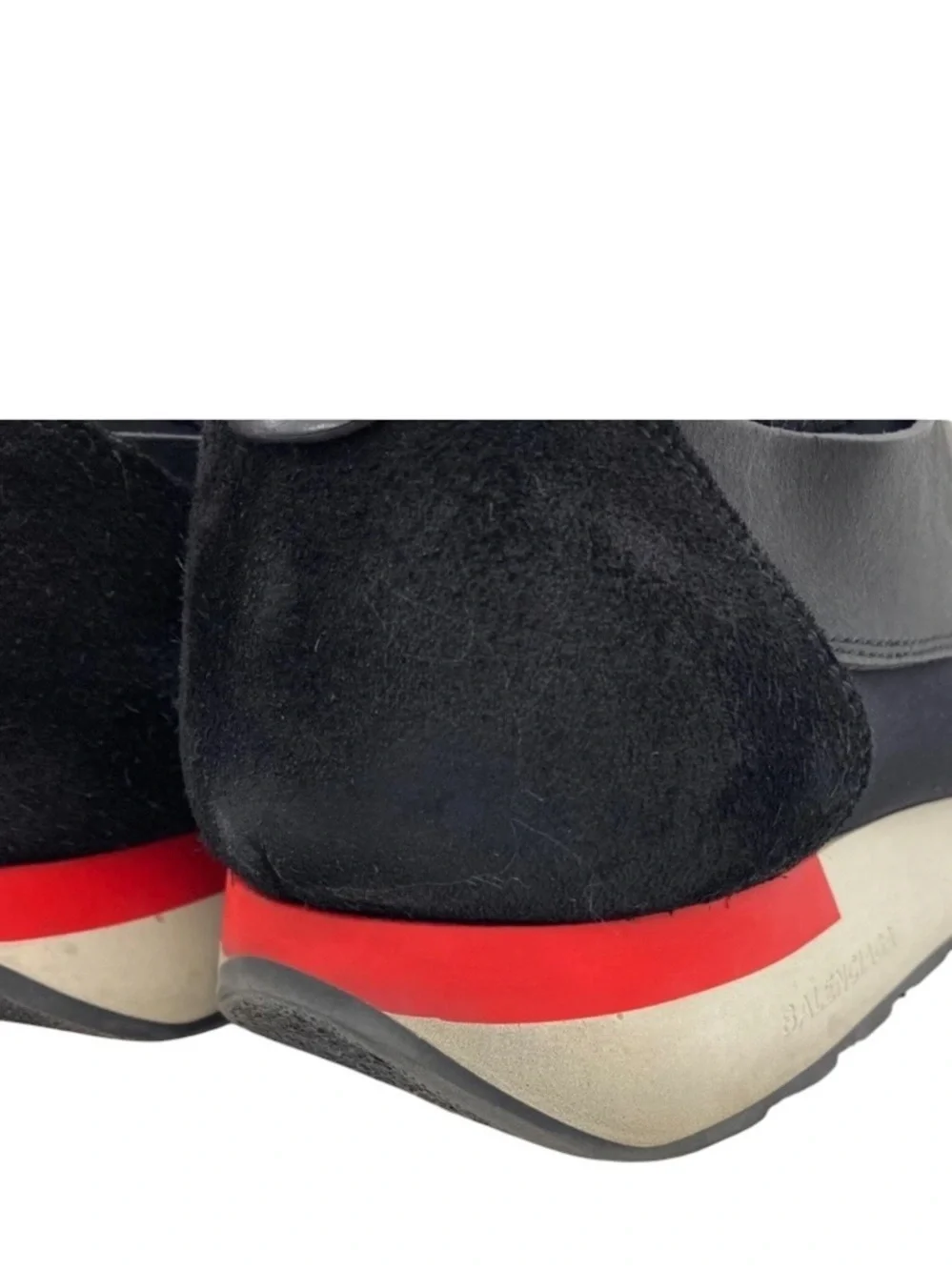 Balenciaga Black Slip-On Mesh & Leather Sneakers with Red Heel Accent size 12